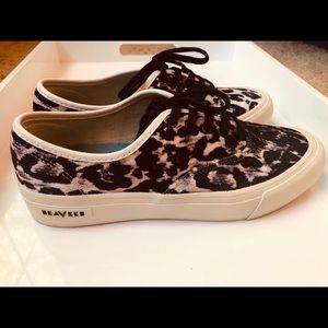 J Crew SeaVees Velvet Leopard Sneakers, Size 8.5